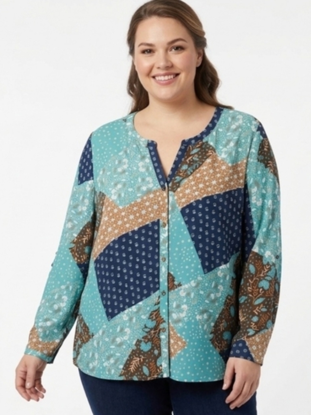 hearts of palm Patchwork-Print Button Front Blouse in Teal, Navy & Brown